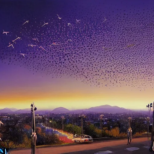 Image similar to thousands of bird trajectory trails in the sky of santiago of chile, purple dawn seen from a metro station, matte painting by esao andrews and akira kurosawa