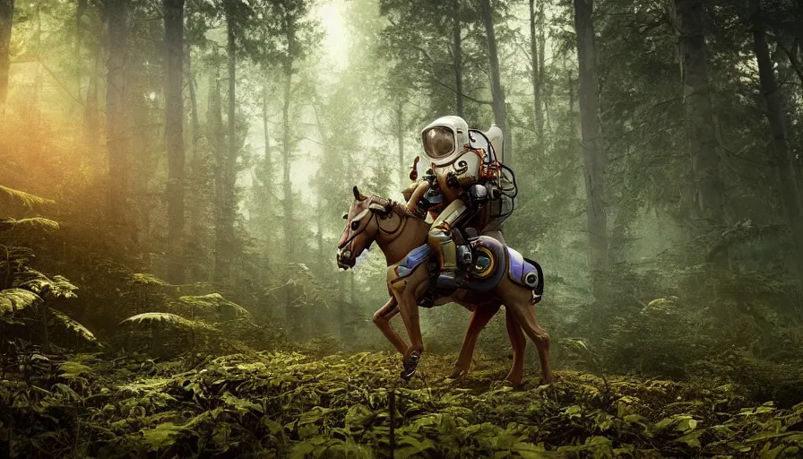 Image similar to american astronaut in the forest riding a mechanical robot horse, objects well lit, plants environment, wide angle, cinematic lighting, atmospheric, realistic, octane render, highly detailed, color graded, in the style of craig mullins