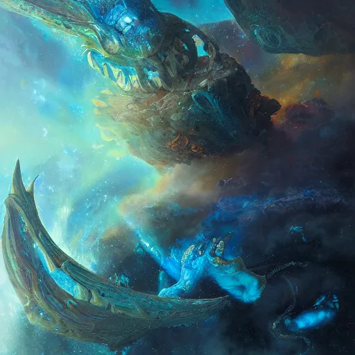 Image similar to prompt crystalline blue, European dragon, devouring a planet, space, sun system, nebula, oil painting, by Fernanda Suarez and and Edgar Maxence and greg rutkowski