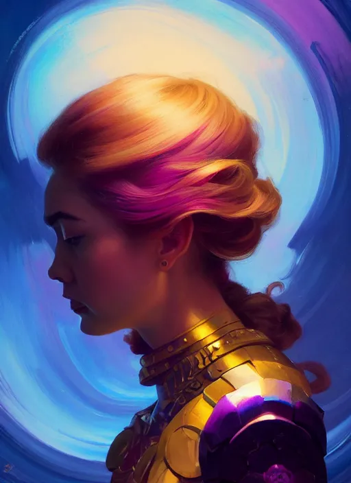 Image similar to side portrait, imogen poots, paladin, gloomhaven, soft, smooth, luminescent, colorful swirly ripples, gaudy colors, 8 k, by greg manchess, huang guangjian, gil elvgren, sachin teng, greg rutkowski, jesper ejsing, rhads, ilya kuvshinov, cushart krenz