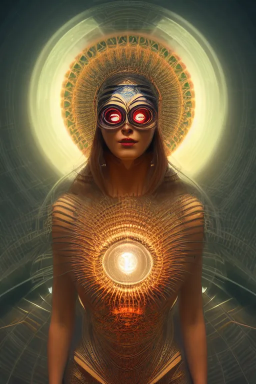 Image similar to a centered render of an goddess wearing a hi tech mask surrounded by a glorious sacred energy made from geometry and spiral mandel bulb fractals, powerful, cinematic, beautifully lit, by artgerm, by karol bak, 3 d, trending on artstation, octane render, 8 k