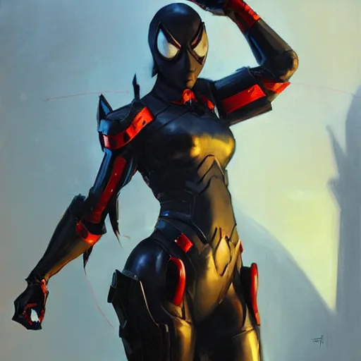 Image similar to greg manchess portrait painting of an armored dark female iron spiderman as overwatch character, medium shot, asymmetrical, profile picture, organic painting, sunny day, matte painting, bold shapes, hard edges, street art, trending on artstation, by huang guangjian, gil elvgren, ruan jia, greg rutkowski, gaston bussiere