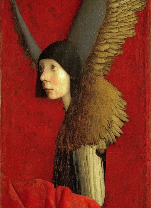 Image similar to profile of a fallen angel dressed in red with wings by Jan van Eyck, Hieronymus Bosch, Johannes Vermeer 4k post-processing, highly detailed medieval painting