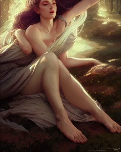 Image similar to elven goddess of dreams, full body, dreaming, lying on the bed | | realistic shaded, fine details, fine - face, realistic shaded lighting poster by greg rutkowski, magali villeneuve, artgerm, jeremy lipkin, michael garmash, rob rey