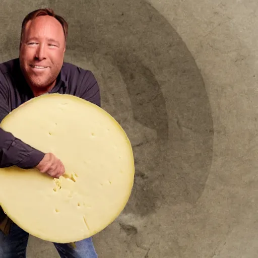 Prompt: alex jones eating a large wheel of cheese, high definition, photorealistic