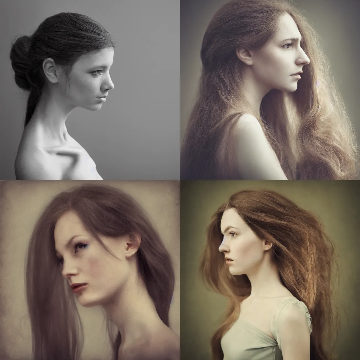 Prompt: portrait side profile photography of a woman with long hair by anka zhuravleva and ary scheffer
