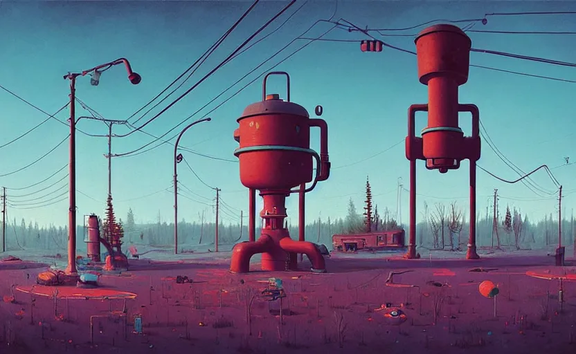 Prompt: by simon stalenhag, dead samovar, high quality details, one point perspective, denoise deep depth of field