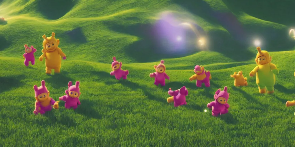 Image similar to teletubbies in the unreal engine, 8k, high detail, volumetric lighting, lensflare