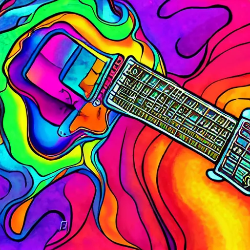 Prompt: psychedelic illustration of a guitar player melting on colors, alucination, trending on art station, masterpiece