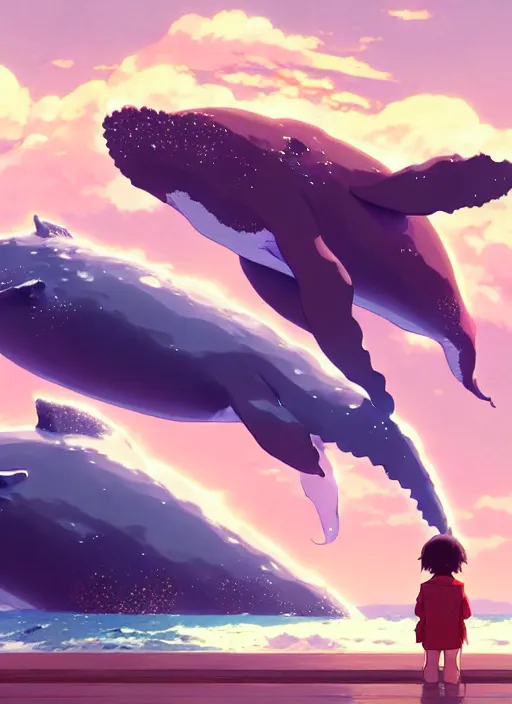 Image similar to boy and girl watching big whales on sky, illustration concept art anime key visual trending pixiv fanbox by wlop and greg rutkowski and makoto shinkai and studio ghibli