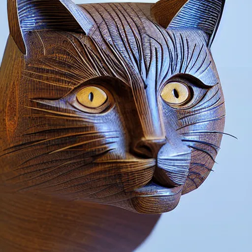 Prompt: a intricate cat carved from wood, photograph, studio lighting