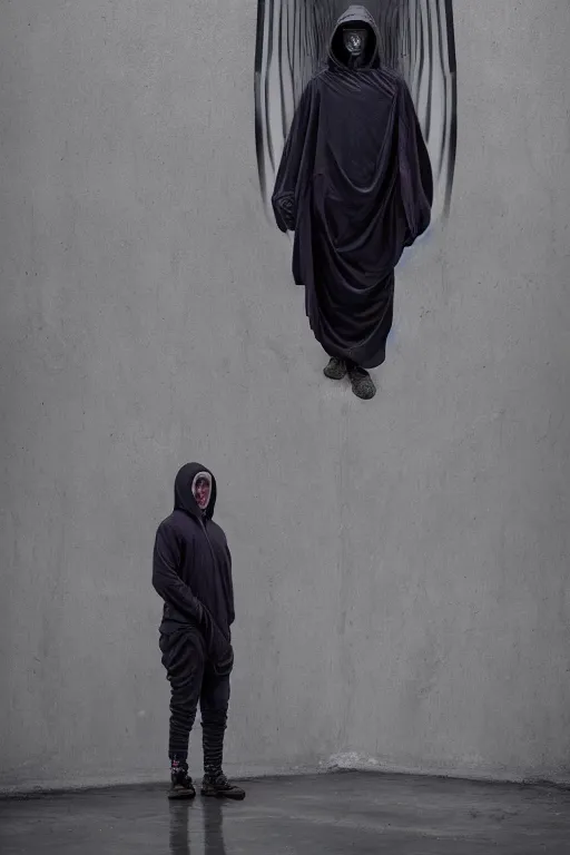 Prompt: dark hooded wraith, standing in front of hyper dimension portal into another realm, epic surrealism 8k oil painting, perspective, high definition, post modernist layering, by Sean Yoro, Peter Kemp