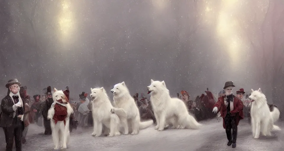 Image similar to the great victorian samoyed parade, beautiful, soft lighting, artstation, storybook,