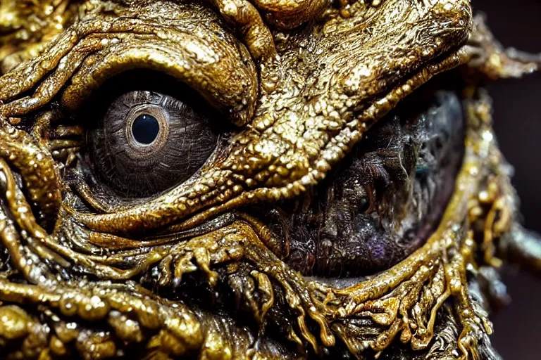 Prompt: photo taken of an epic intricate, ultra detailed, super realistic sculpture of a wet, slimy, nightmarish hellish demonic creature on display in a workshop, created by weta workshop, zoomed in shots, photorealistic, sharp focus, f 0. 4, face centred, macro photography, golden ratio, golden hour