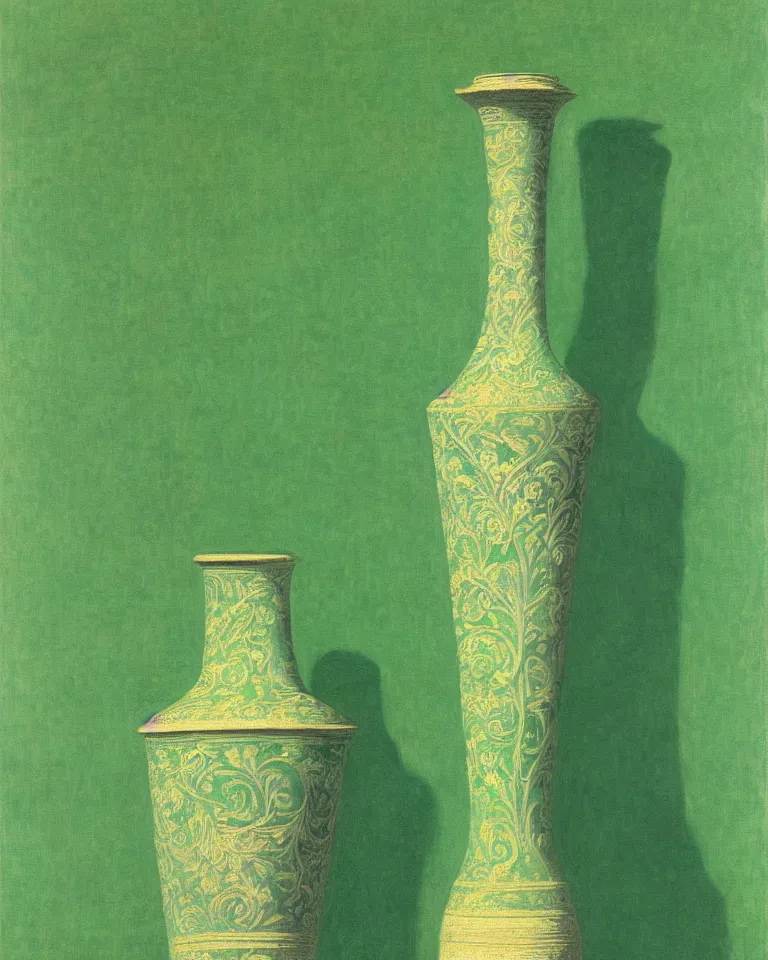 Image similar to achingly beautiful print of intricately painted ancient greek lekythos on a green pastel background by rene magritte, monet, and turner.