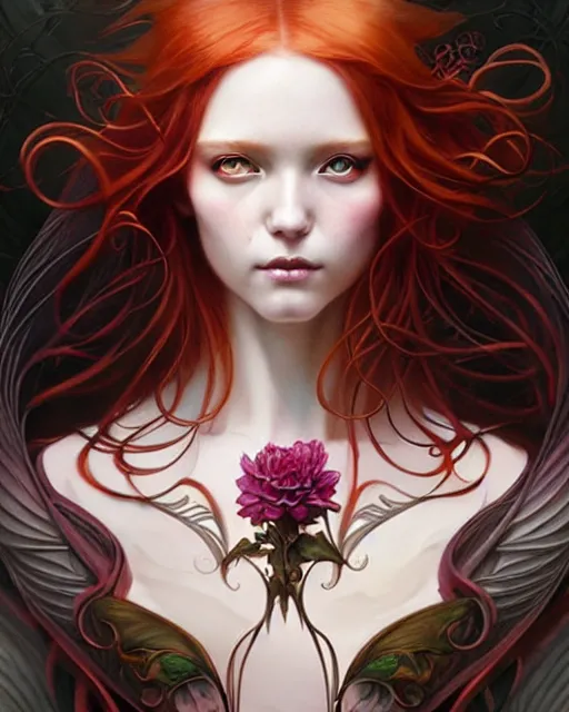 Prompt: Beautiful, evil and playful ethereal ginger portrait, art nouveau, fantasy, intricate flower designs, elegant, highly detailed, sharp focus, art by Artgerm and Greg Rutkowski and WLOP