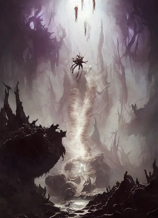 Image similar to shackled in styx river of the underworld, frank frank frazetta and cgsociety, stunning sasquatch, blood splatters, charlie bowater and tom bagshaw, insanely detailed, deviantart, space art, atoms surrounded by skulls, death, and spirits flying, water fall, horror, sci - fi, surrealist painting, by peter mohrbacher