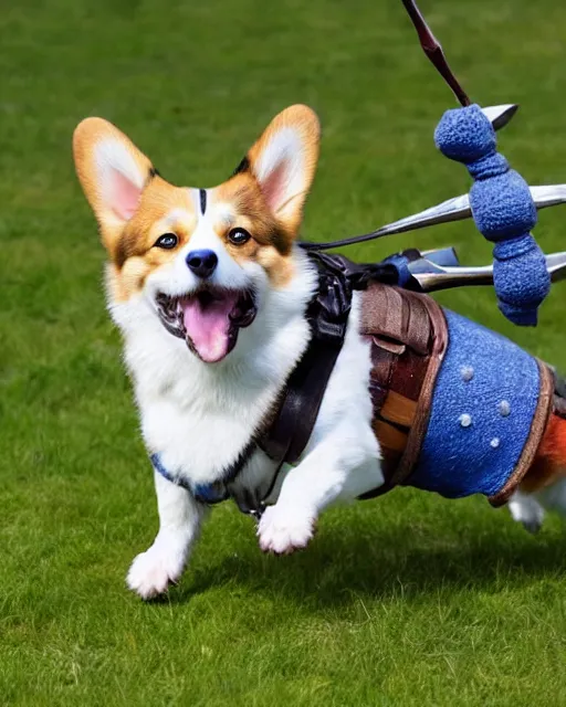 Image similar to warrior corgi dog with a sword strapped to its back, runs off to do battle with the english, the corgi has a large blue face mark on its face, hyperreal, filmed in the style of john toll