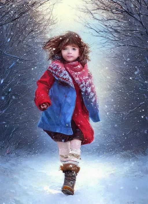 Prompt: a baby girl with short wavy curly light brown hair and blue eyes wearing colorful winter clothes is running in a snowy field. beautiful painting by artgerm and greg rutkowski