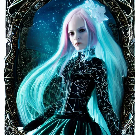 Image similar to A portrait of an ethereal, mysterious stunning maximalist mesmerizing elven girl from the rainbow sky paradise in Tron: Legacy (2010), high-tech, elegant, imposing, Victorian gothic lolita fashion, by Mark Ryden, artgerm, Hiroyuki-Mitsume Takahashi, WLOP, Goto Fujita, 奈良美智, Pixiv 3DCG, DAZ Studio, highly detailed, photorealistic, 8k resolution 3D, cinematic, dynamic lighting, octane render, close-up 35mm macro shot