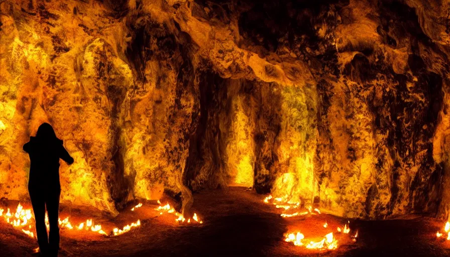 Prompt: the karma sutra painted on cave walls lit by fire