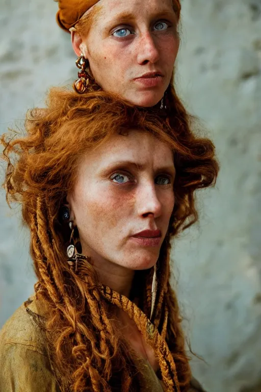 Prompt: 19th Century Barbary Coast pirate beautiful female model with amazing Ginger hair and Golden hooped earrings photography by Steve McCurry