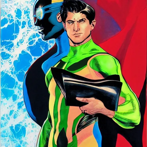 Image similar to Alex Ross and Sergio Bleda and Jérémy Petiqueux and Alex Maleev artwork of a portrait of a boy super scientest in a scace suit costume