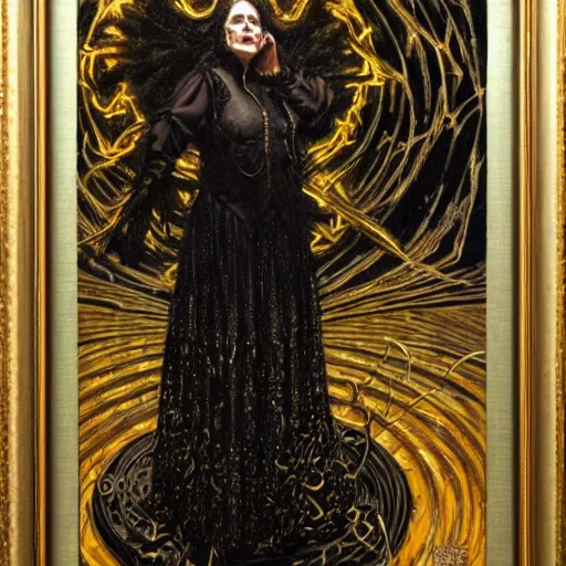 Image similar to portrait of a witch, dressed in black clothes, embroidered with gold, by donato giancola.