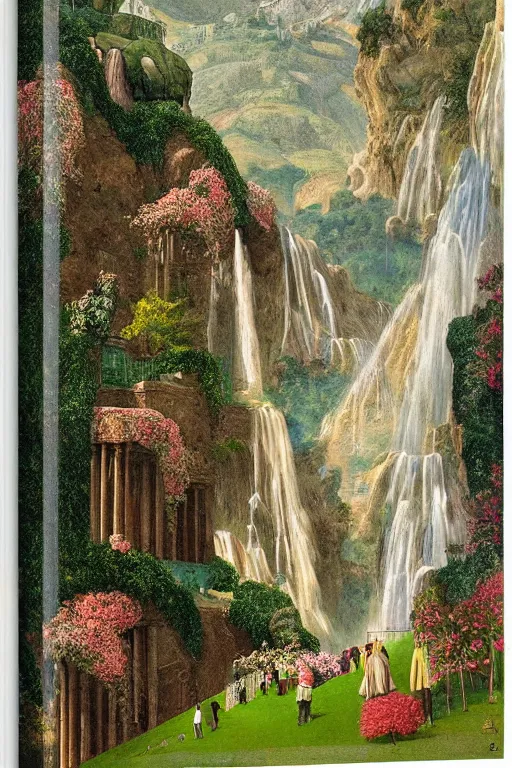 Image similar to hanging gardens of babylon, temple of artemis at ephesus, waterfalls, blooming hills with spring flowers and pillars by helen lundeberg