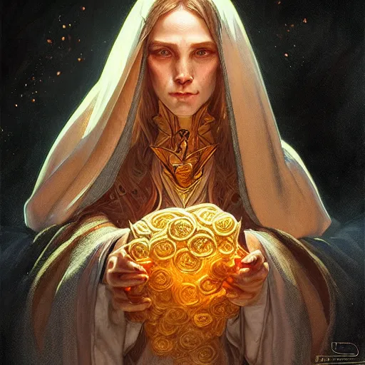 Image similar to Portrait of wizard made of potato, D&D, face, fantasy, intricate, elegant, highly detailed, digital painting, artstation, concept art, smooth, sharp focus, illustration, art by artgerm and greg rutkowski and alphonse mucha