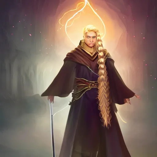 Image similar to Young, handsome wizard with a blonde ponytail wearing exquisite black robes, a spider cloak and wielding a legendary staff of light. Magic flux. High fantasy, digital painting, HD, 4k, detailed.