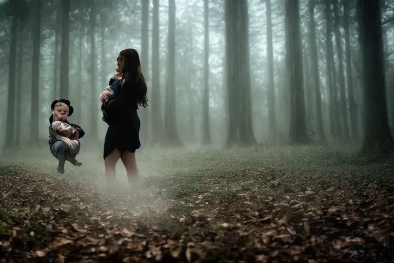 Image similar to a cinematic photo of a young woman with dark hair holds a baby in a dark, foggy forest, closeup, masterpiece