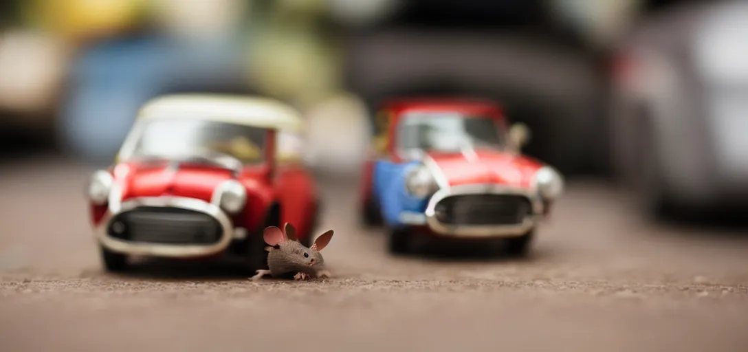 Prompt: a mouse driving a mini toy car bokeh