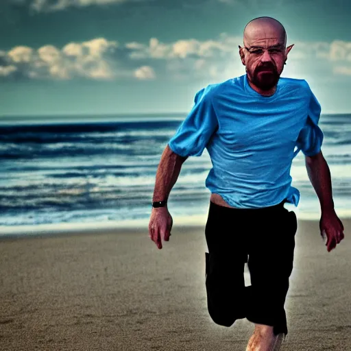 Image similar to Walter White running on the beach, artistic, 8k, cinematic, accurate, symetric, face, dramatic lighting, pastel colours, hdr