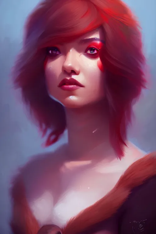 Image similar to a detailed portrait of a beautiful woman with ( red panda ) features, in professional makeup, dramatic lighting, by lois van baarle, ross tran, greg rutkowski, 4 k, trending on artstation