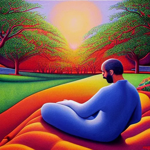 Image similar to painting of a peaceful man relaxing under a tree by alex grey, acrylic art, calm, soothing, cosy, elegant, soft light,