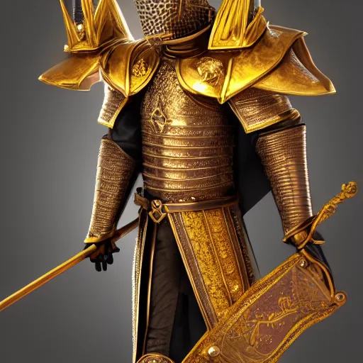 Image similar to a highly detailed knight with glowing purple eyes in a golden helmet and a golden crown with a diamond in the center, golden armor, leather clothes under the armor, leather gloves, holds a black sword, artstation, DeviantArt, professional, octane render, sunset lighting