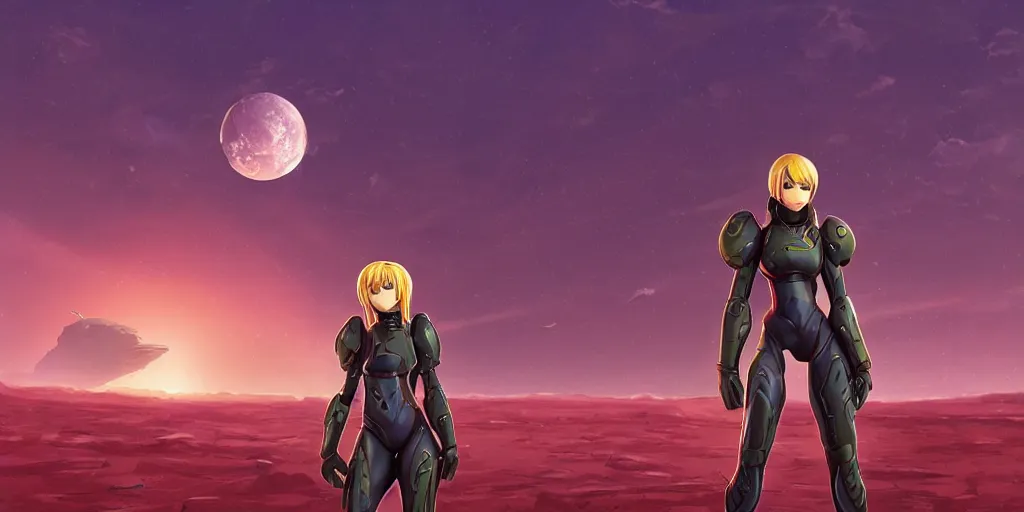 Prompt: Samus in the varia suit standing in the middle of a desolate planet, full body shot, the planet is full of otherworldly natural structures, two moons float above the horizon, futuristic, artstation, digital 2d drawing, high detail