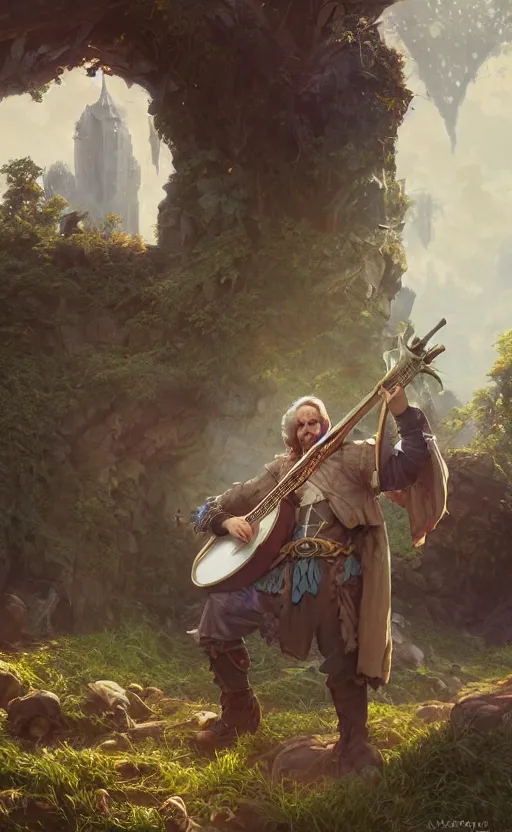 Image similar to male bard, playing the banjo, ruins landscape, d & d, fantasy, intricate, highly detailed, digital painting, artstation, octane render, concept art, matte, sharp focus, illustration, hearthstone, art by artgerm and greg rutkowski and alphonse mucha