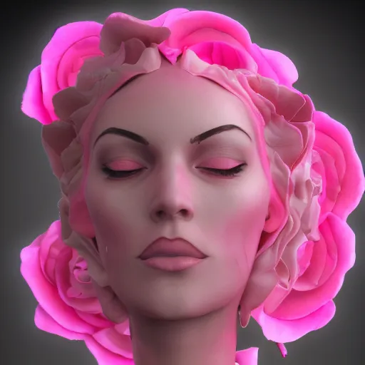 Image similar to a large pink rose with a beautiful womans face coming from the middle of it, highly detailed, 8k, artstation, cursed