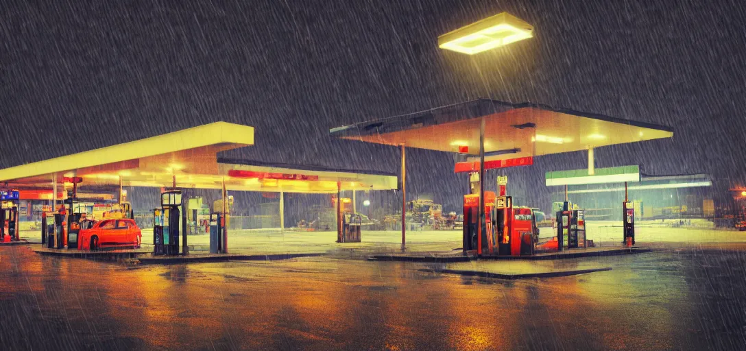 Prompt: Look of a lonely gas station, rain, night, colorful moody scene, digital art, 8k, moody details