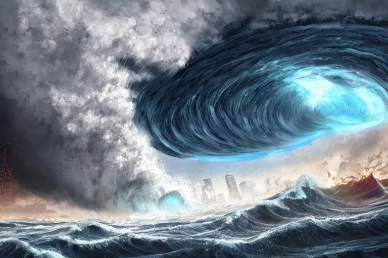 Image similar to a giant tsunami wave approaching a city, digital painting, mixed media, trending on artstation and deviantart, epic composition, highly detailed, 8 k