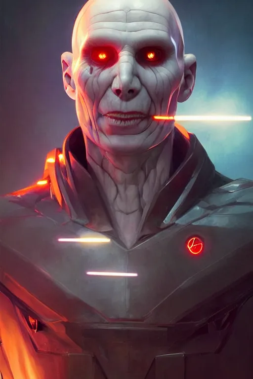 Image similar to cyborg Lord Voldemort without nose in cyberpunk, neon lighting, digital art from artstation by Ruan Jia and Mandy Jurgens and Artgerm and william-adolphe bouguereau and Greg Rutkowski and Wayne Barlowe