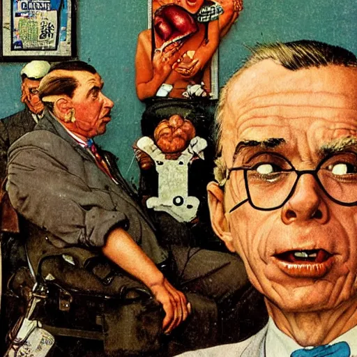 Prompt: ai with crippling brain damage trying to be smart, style of norman rockwell, style of richard corben.