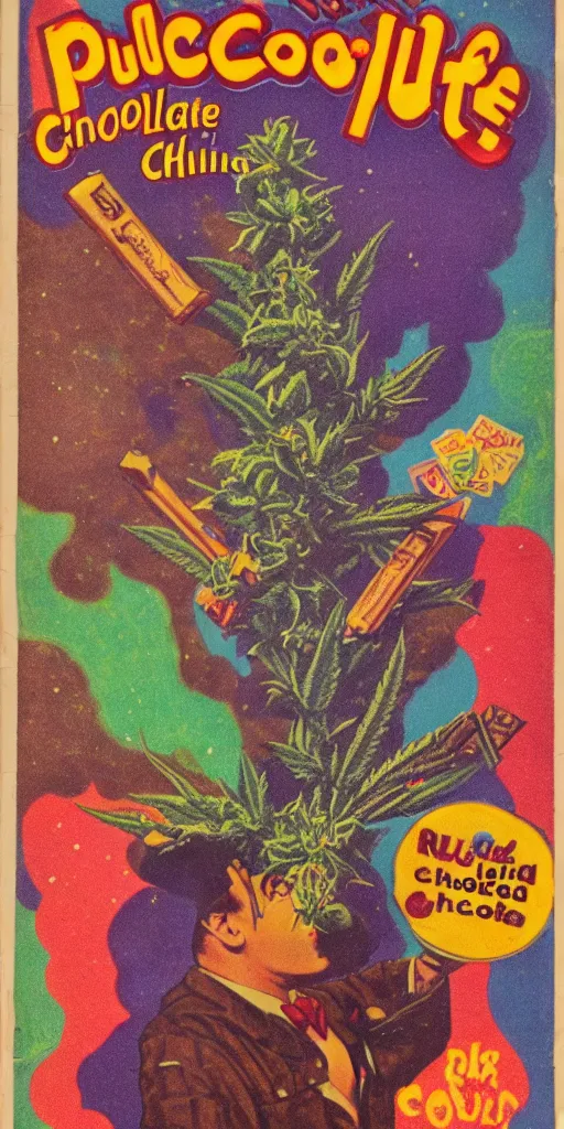 Prompt: pulp cover of a magical chocolate chunks cookie, wizard, fantasy, tetrahydrocannabinol, thc, hallucination, colored smoke, sparkles, sativa, indica, illustration, 5 0 s, risography,