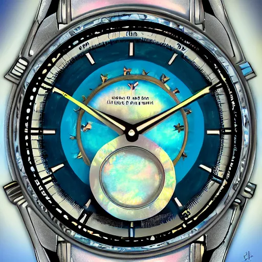 Image similar to detailed illustration of celestial watch from the far future with infinite dials, mother of pearl opal, year 2 5 0 0, style of norman rockwell