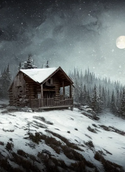 Prompt: an abandoned cabin on the top of a snowy mountain, waxing moon, greg rutkowski, 8 k, shallow depth of field, intricate detail, concept art,