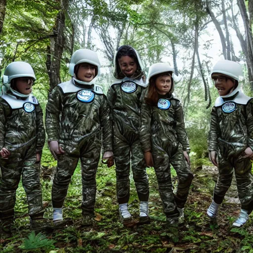 Image similar to a squad of space scouts wearing camo uniforms with white armor and helmets exploring a forest planet