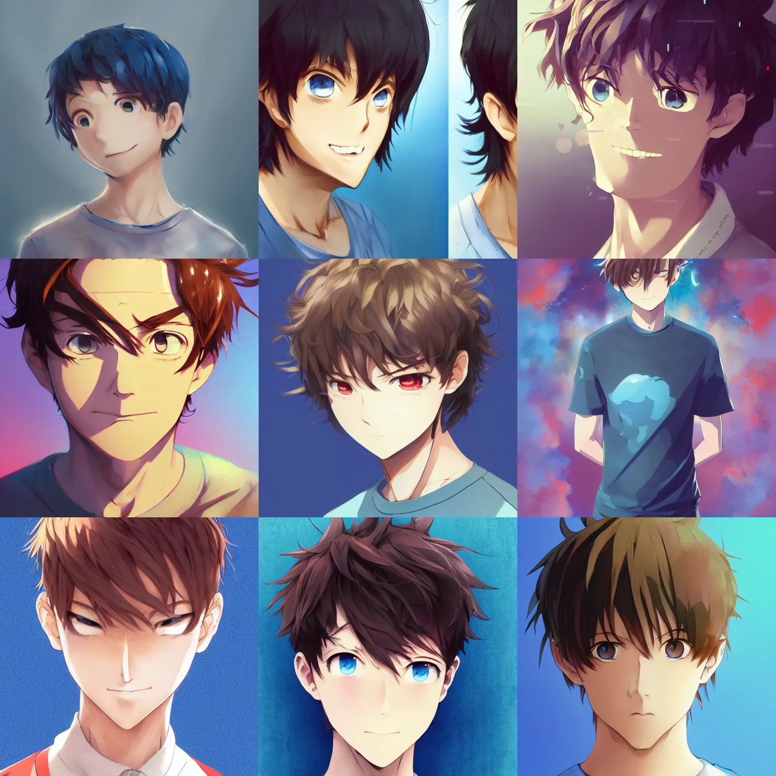 Prompt: A medium shot anime portrait of a happy anime man with extremely short light walnut hair and blue eyes, wearing a t-shirt, short messy hair on top, solid background, by Stanley Artgerm Lau, WLOP, Rossdraws, James Jean, Andrei Riabovitchev, Marc Simonetti, and Sakimi chan, trending on artstation