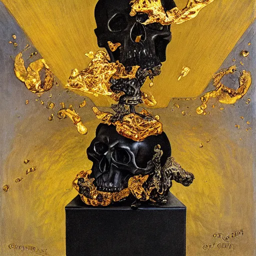 Prompt: gustave coubert painting of molten gold poured over a black shiny onyx human skull, 3 / 4 angle. liquid molten gold fluid dripping from top, slips over and drains to bottom
